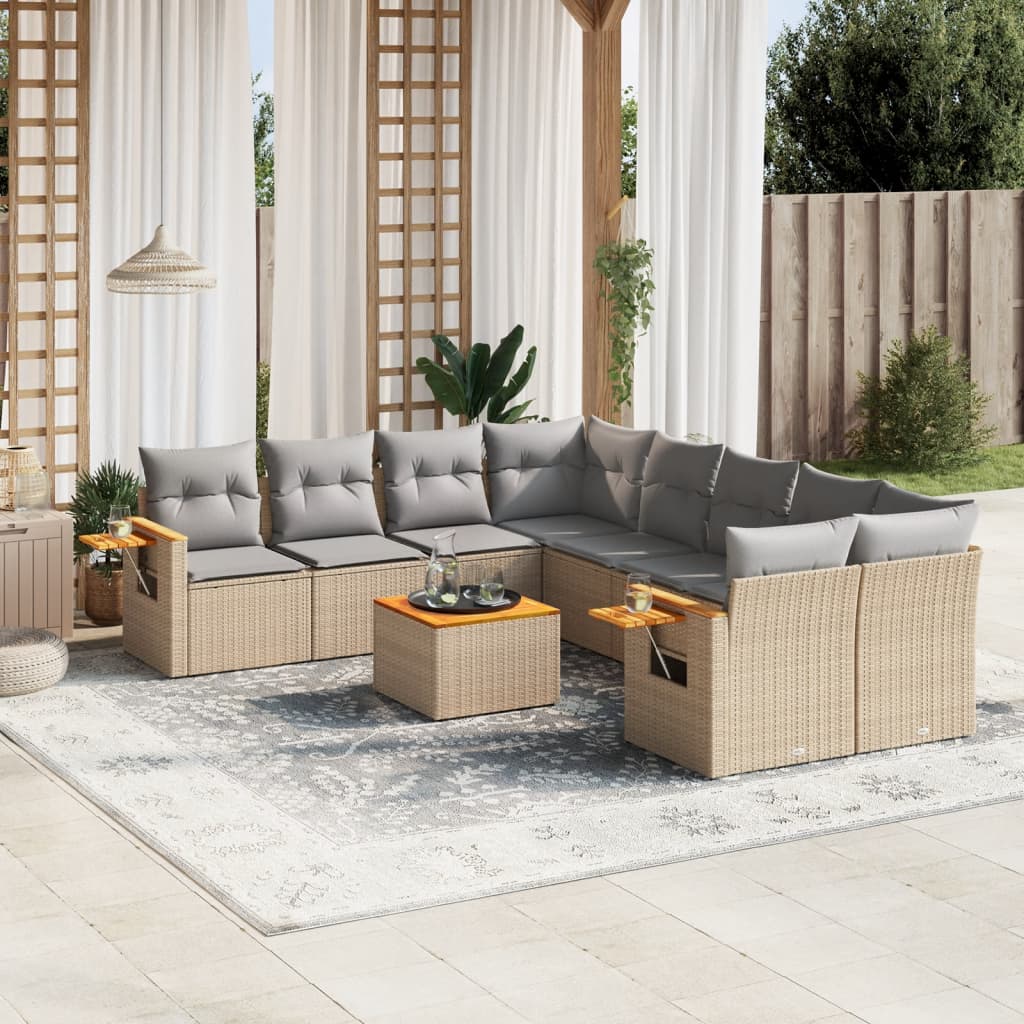 Vetonek Set de sofás de jardín 9 pzas con cojines ratán sintético beige