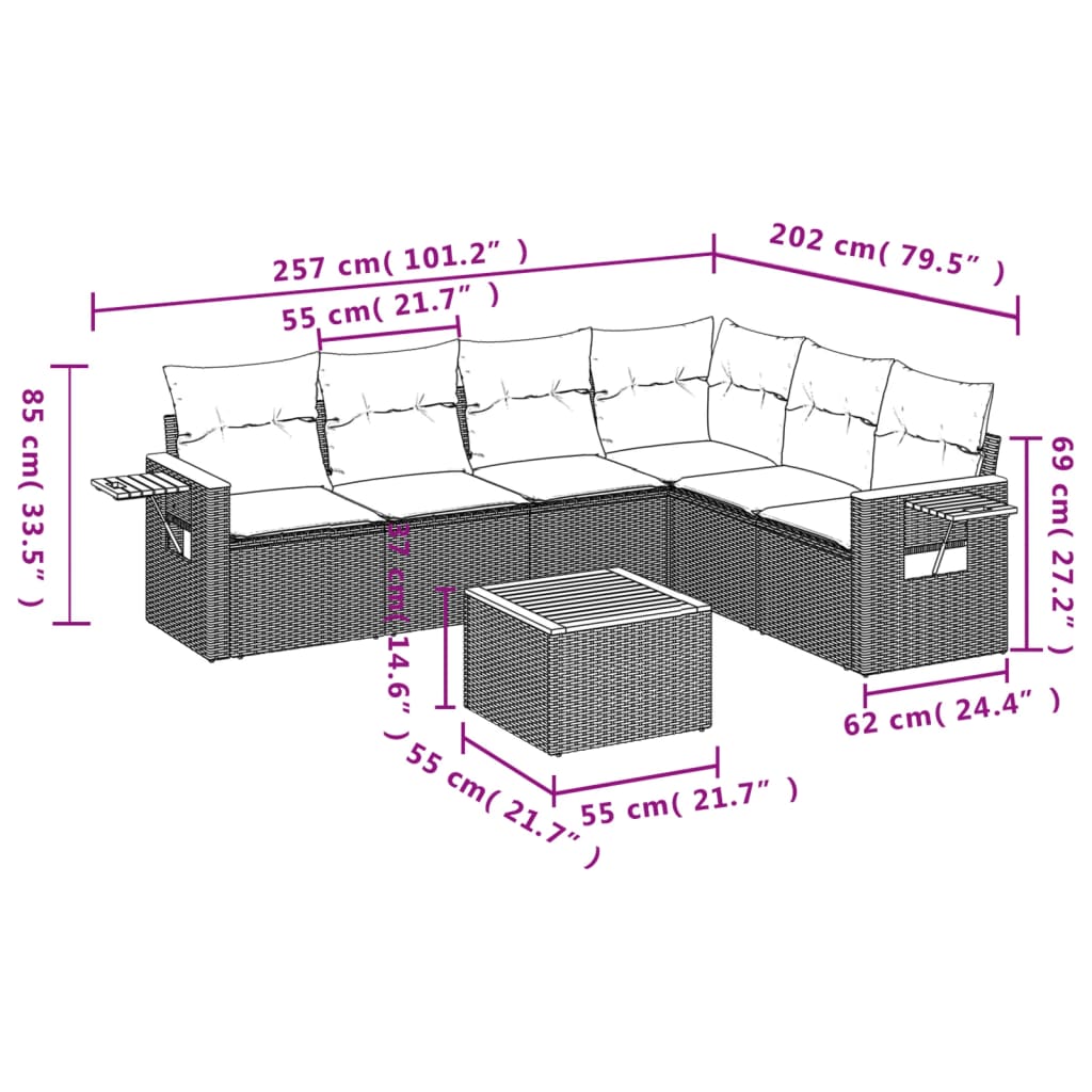 Set de comedor de jardín 7 pzas y cojines ratán sintético negro - Vetonek