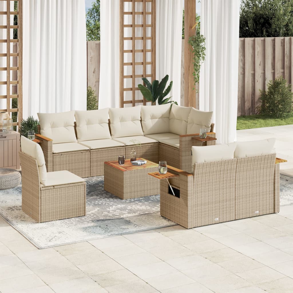 Vetonek Set de sofás de jardín 9 pzas con cojines ratán sintético beige