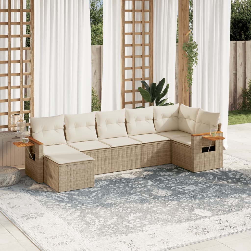 Set sofás de jardín 7 piezas y cojines ratán sintético beige