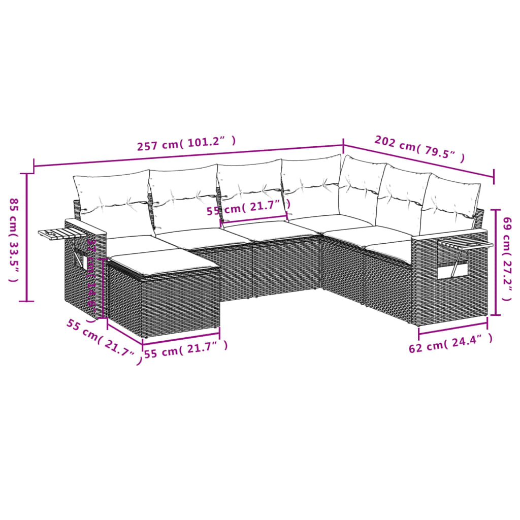 Set de comedor de jardín 7 pzas y cojines ratán sintético negro - Vetonek