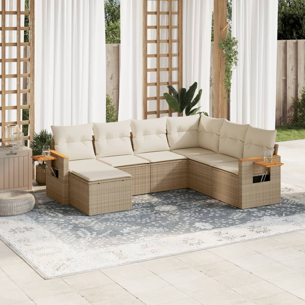 Set sofás de jardín 7 piezas y cojines ratán sintético beige