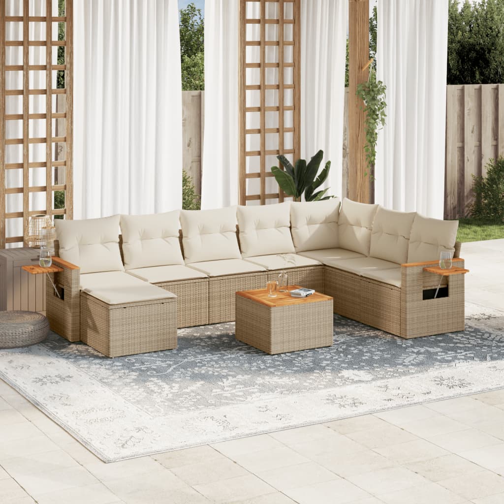 Vetonek Set de sofás de jardín 9 pzas con cojines ratán sintético beige