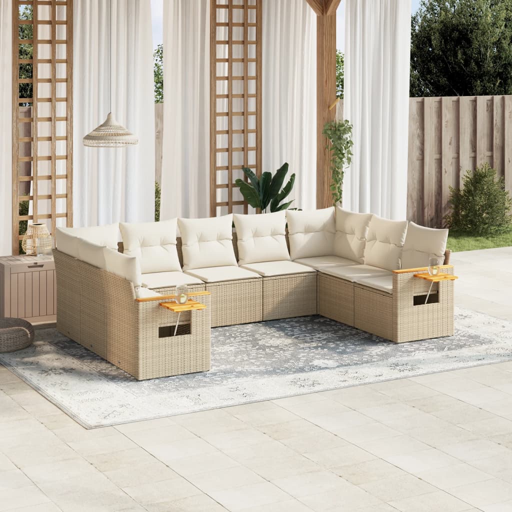 Vetonek Set de sofás de jardín 9 pzas con cojines ratán sintético beige