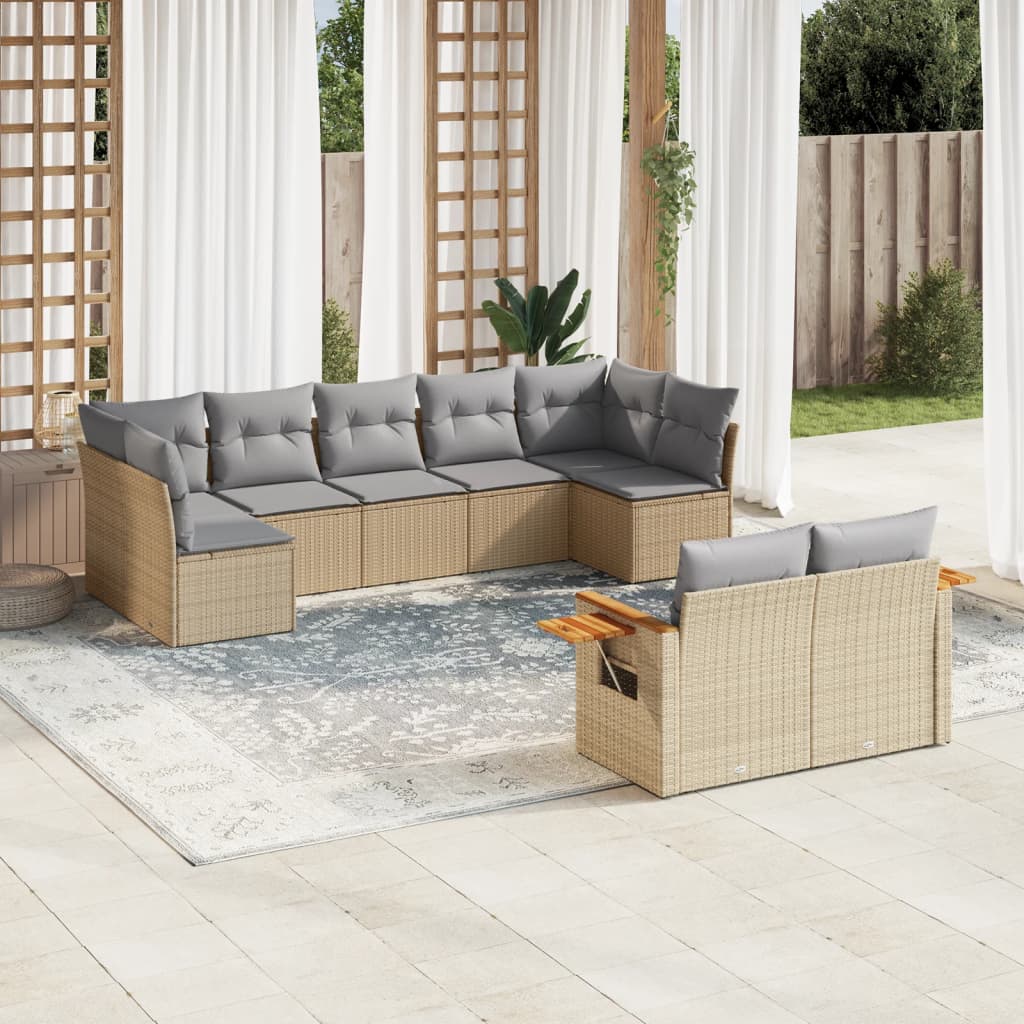 Vetonek Set de sofás de jardín 9 pzas con cojines ratán sintético beige