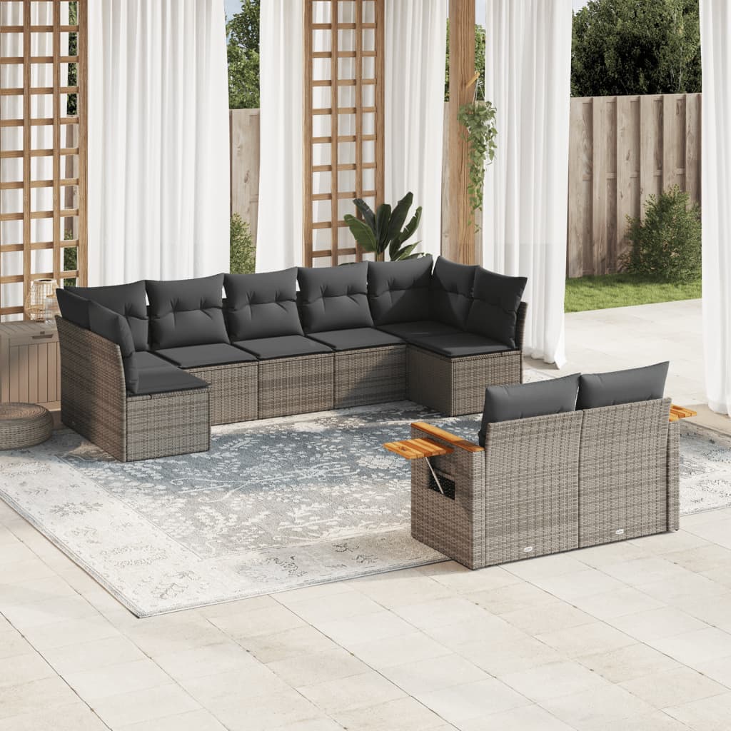 Vetonek Set de muebles de jardín 9 pzas y cojines ratán sintético gris