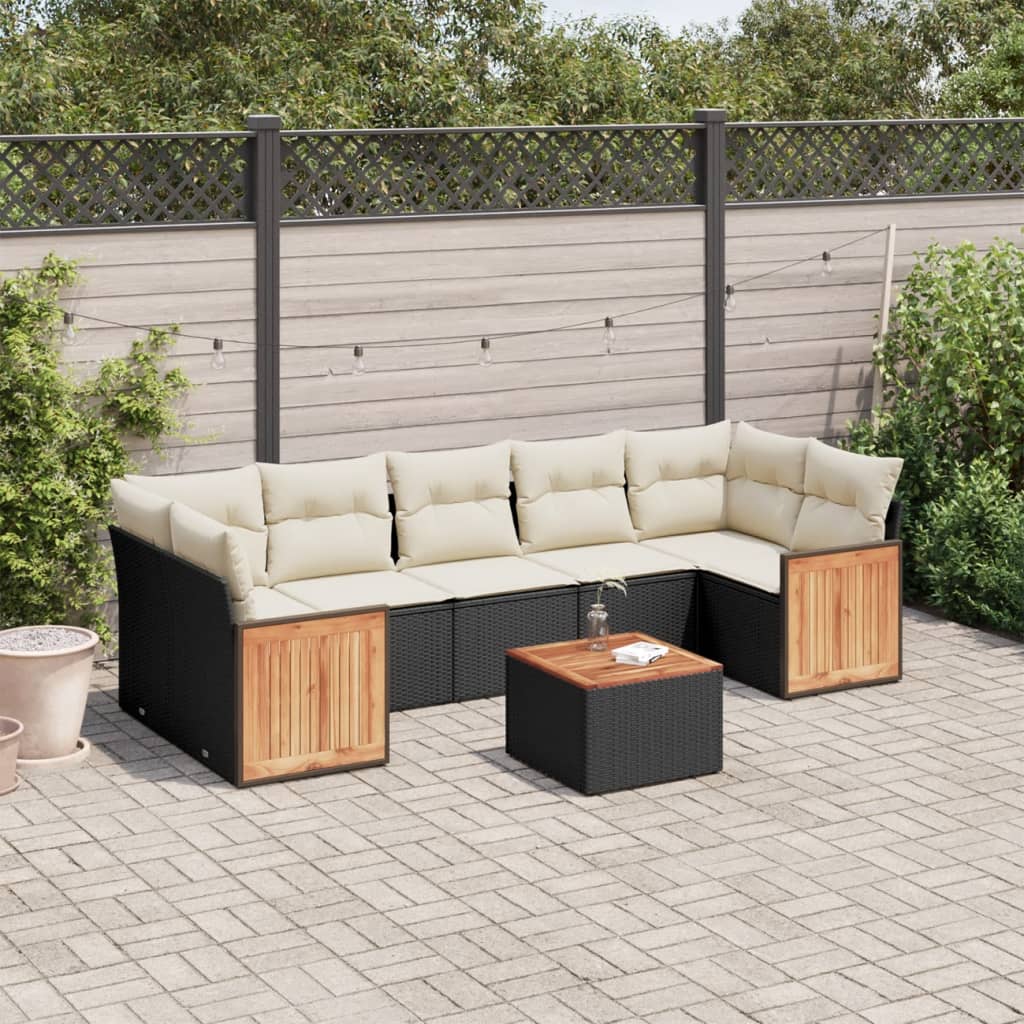 Garden Sofas Set 8 pieces and black synthetic rattan cushions