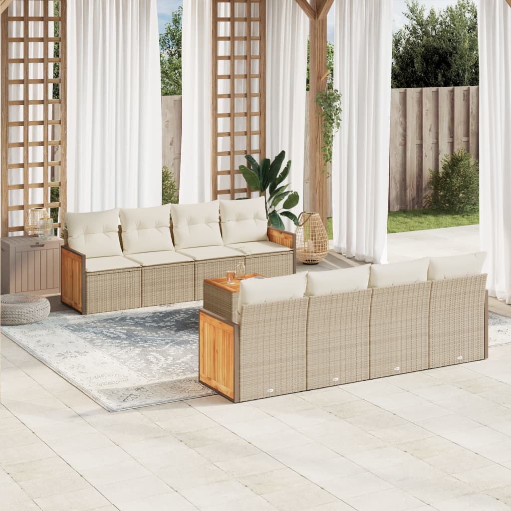 Vetonek Set de sofás de jardín 9 pzas con cojines ratán sintético beige