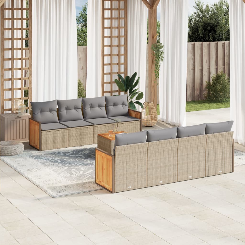 Vetonek Set de sofás de jardín 9 pzas con cojines ratán sintético beige