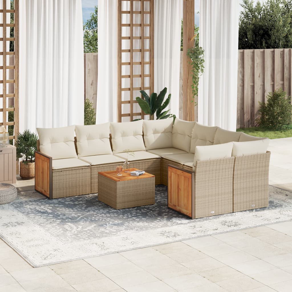 Vetonek Set de sofás de jardín 9 pzas con cojines ratán sintético beige