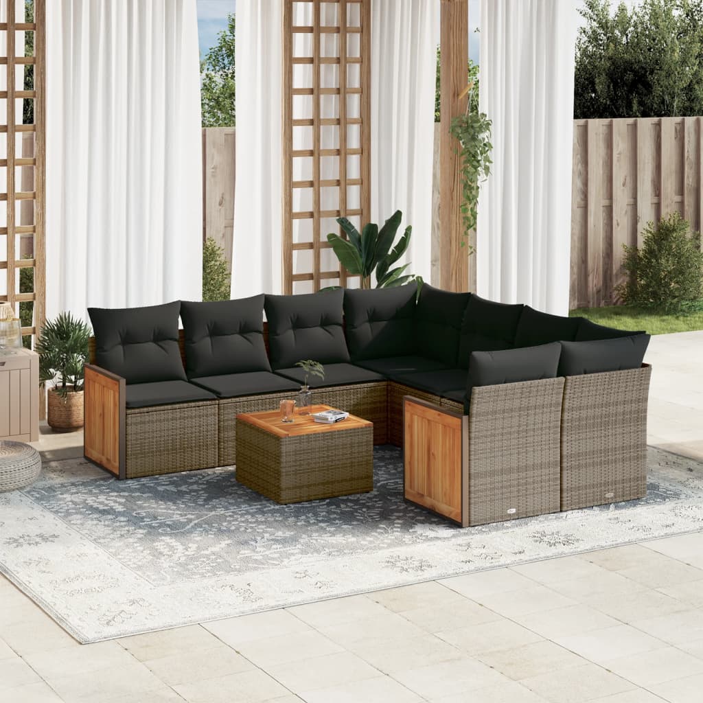 Vetonek Set de muebles de jardín 9 pzas y cojines ratán sintético gris