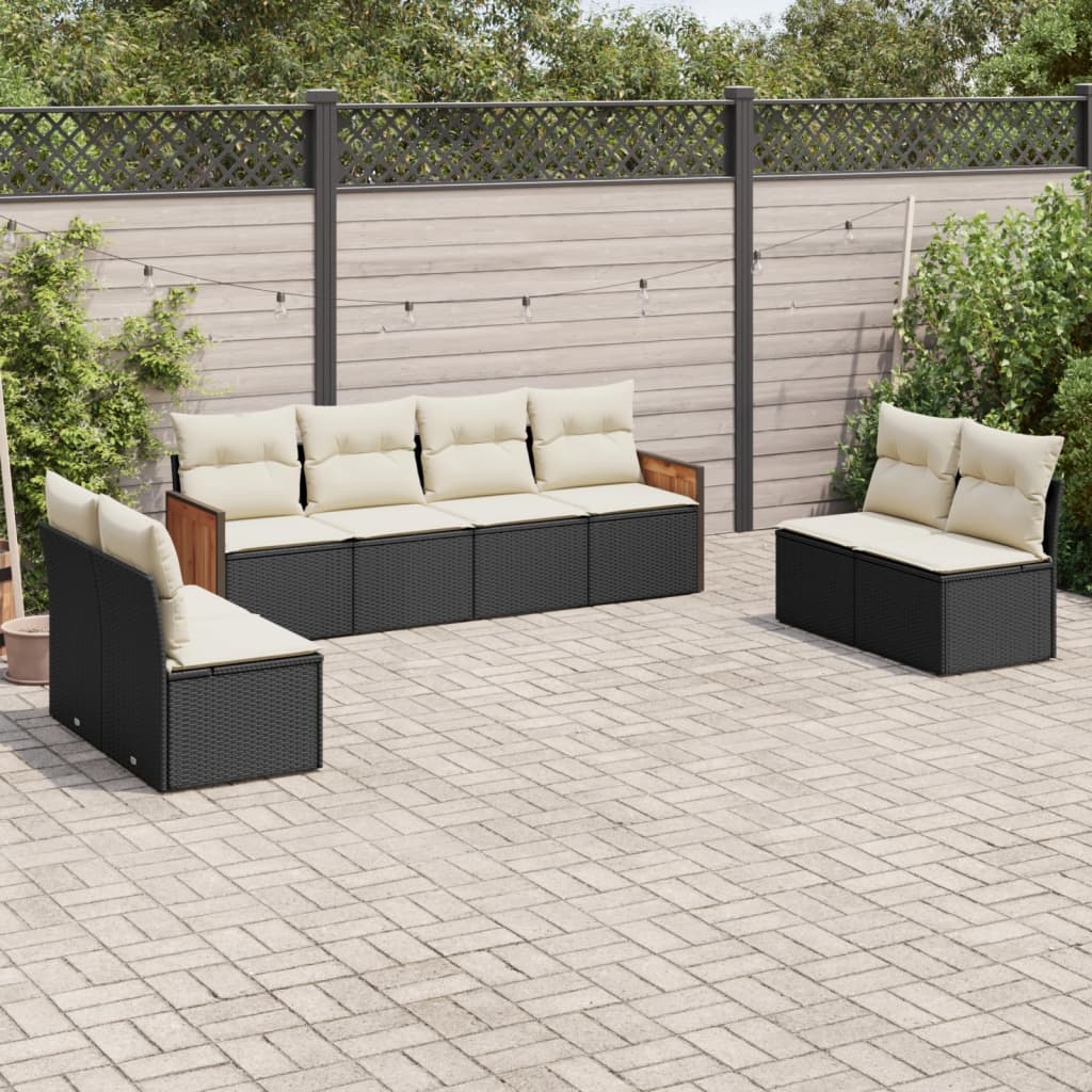 Garden Sofas Set 8 pieces and black synthetic rattan cushions