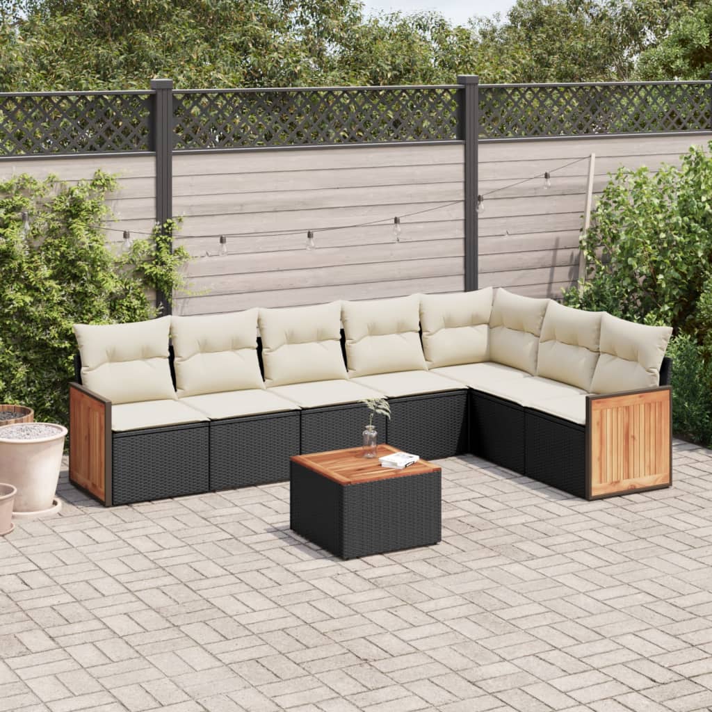 Garden Sofas Set 8 pieces and black synthetic rattan cushions