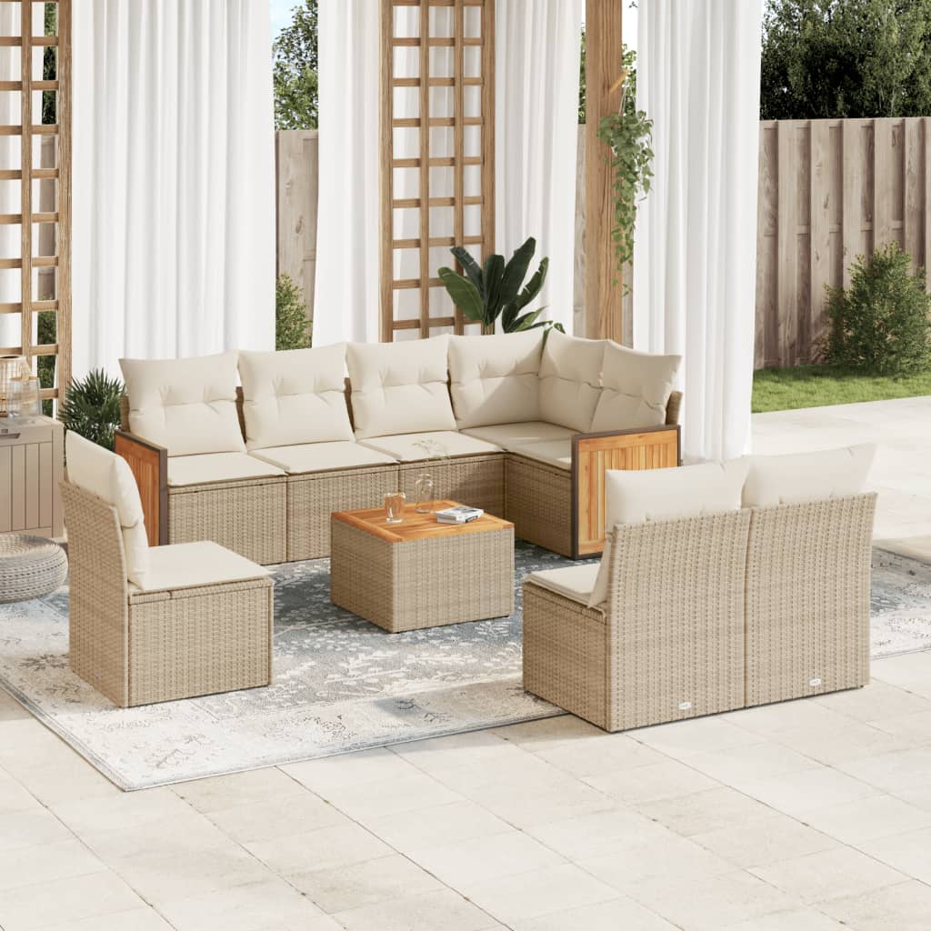 Vetonek Set de sofás de jardín 9 pzas con cojines ratán sintético beige