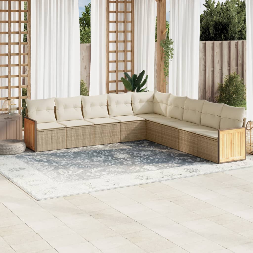 Vetonek Set de sofás de jardín 9 pzas con cojines ratán sintético beige