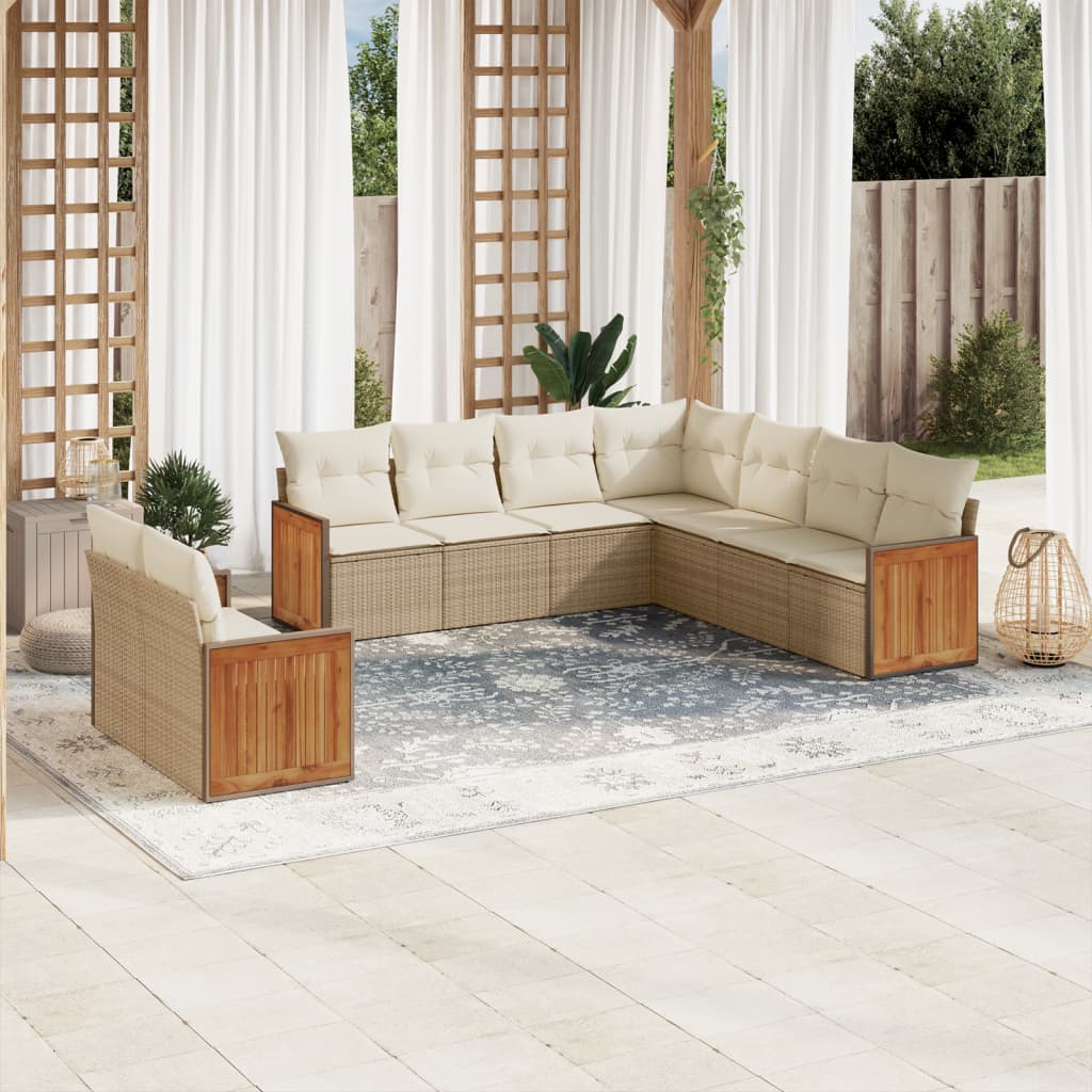 Vetonek Set de sofás de jardín 9 pzas con cojines ratán sintético beige