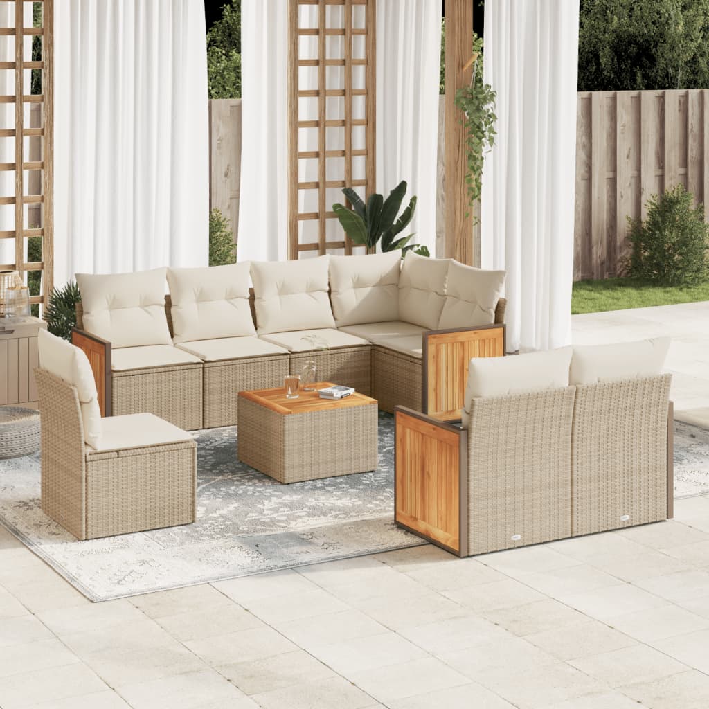 Vetonek Set de sofás de jardín 9 pzas con cojines ratán sintético beige