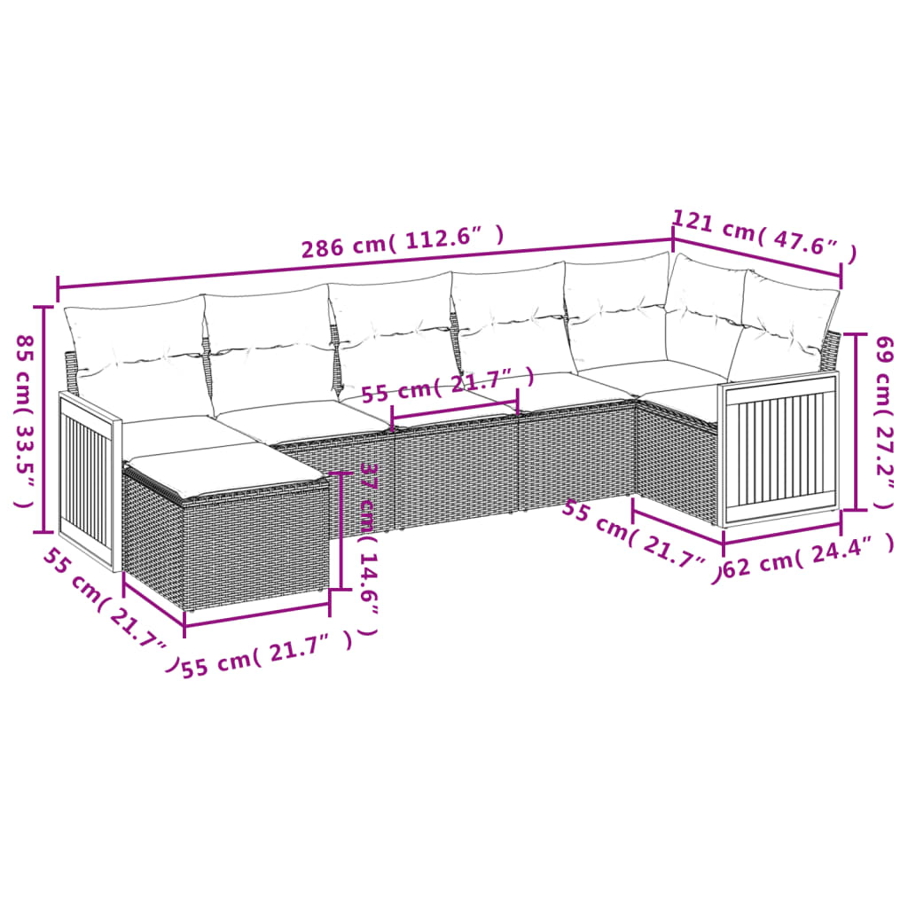 Set de comedor de jardín 7 pzas y cojines ratán sintético negro - Vetonek