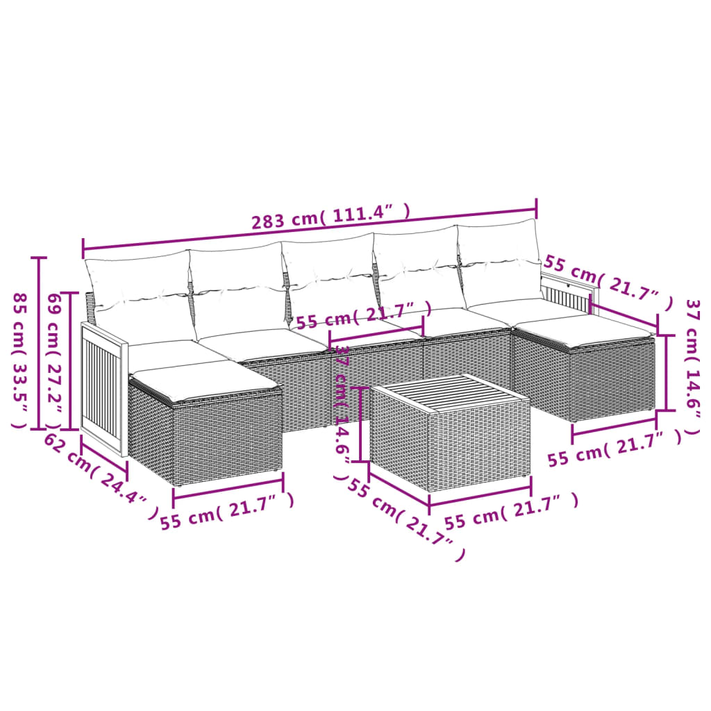 Set de sofás de jardín 8 pzas y cojines ratán sintético gris