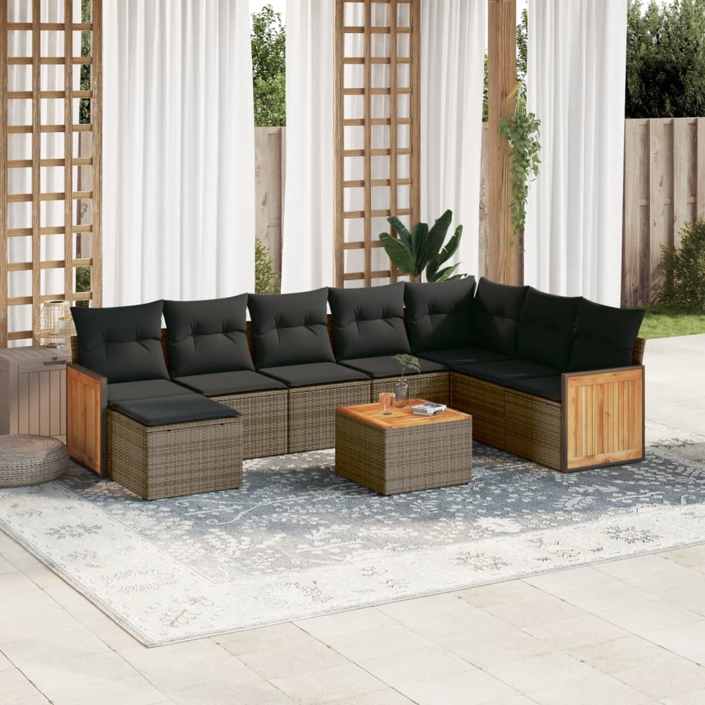 Vetonek Set de muebles de jardín 9 pzas y cojines ratán sintético gris