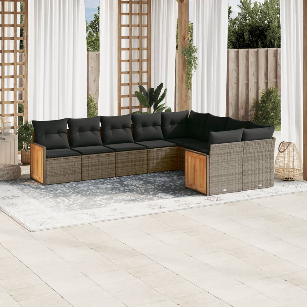 Vetonek Set de muebles de jardín 9 pzas y cojines ratán sintético gris