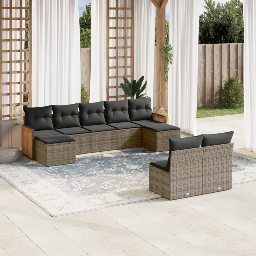 Vetonek Set de muebles de jardín 9 pzas y cojines ratán sintético gris