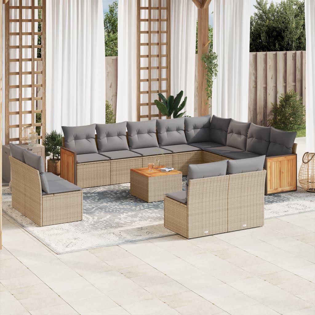 Set sofás de jardín con cojines 13 pzas ratán sintético beige