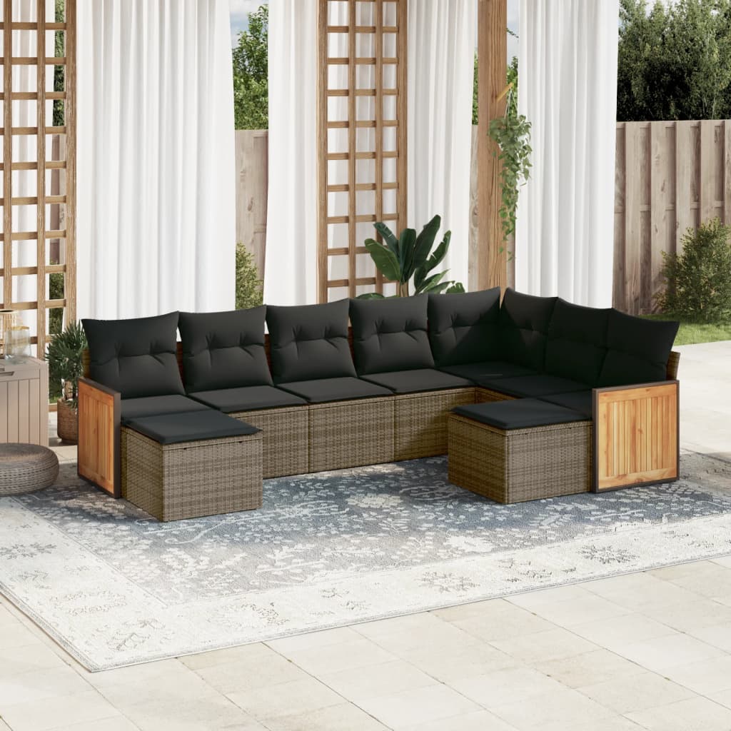 Vetonek Set de muebles de jardín 9 pzas y cojines ratán sintético gris