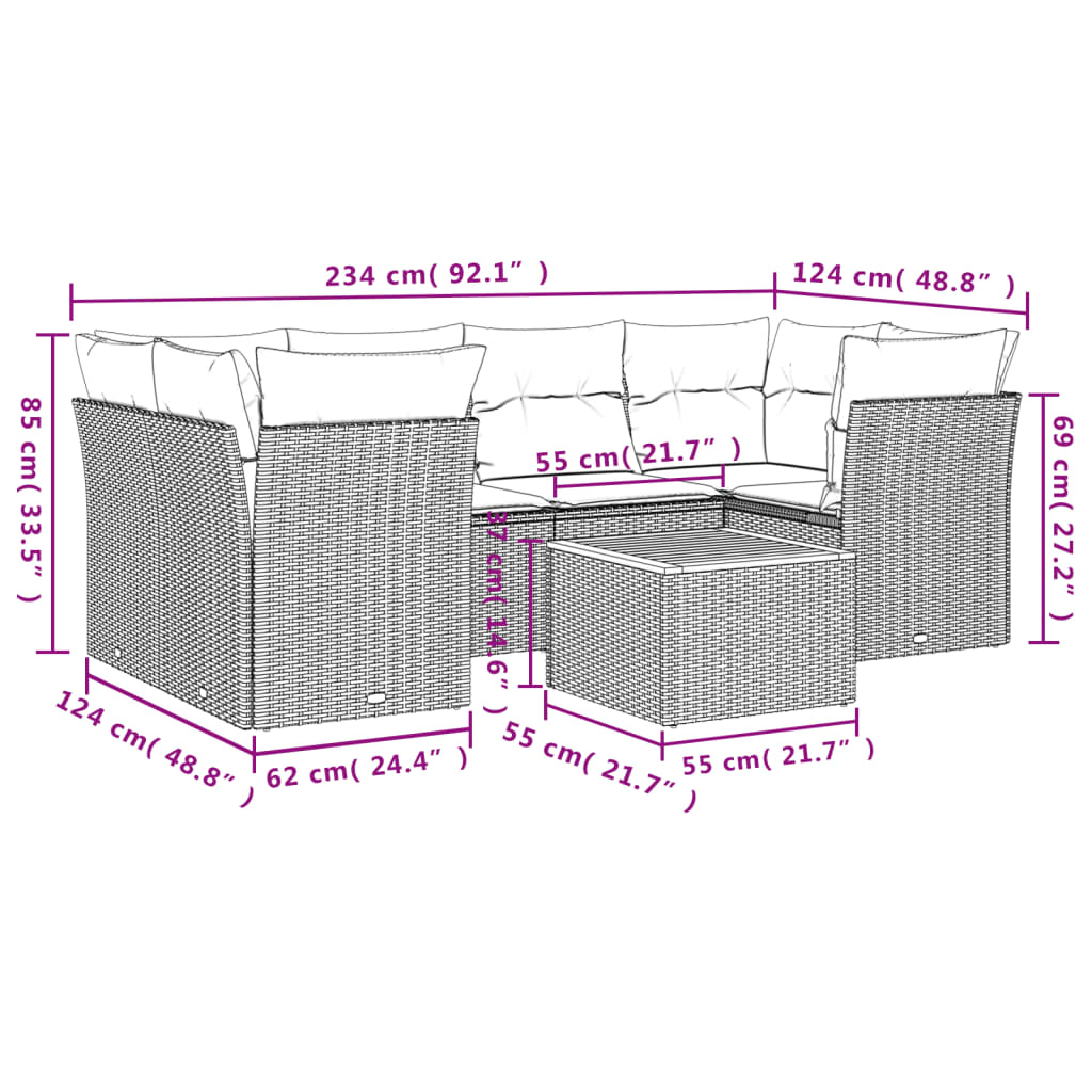 Set sofás de jardín 7 piezas y cojines ratán sintético beige