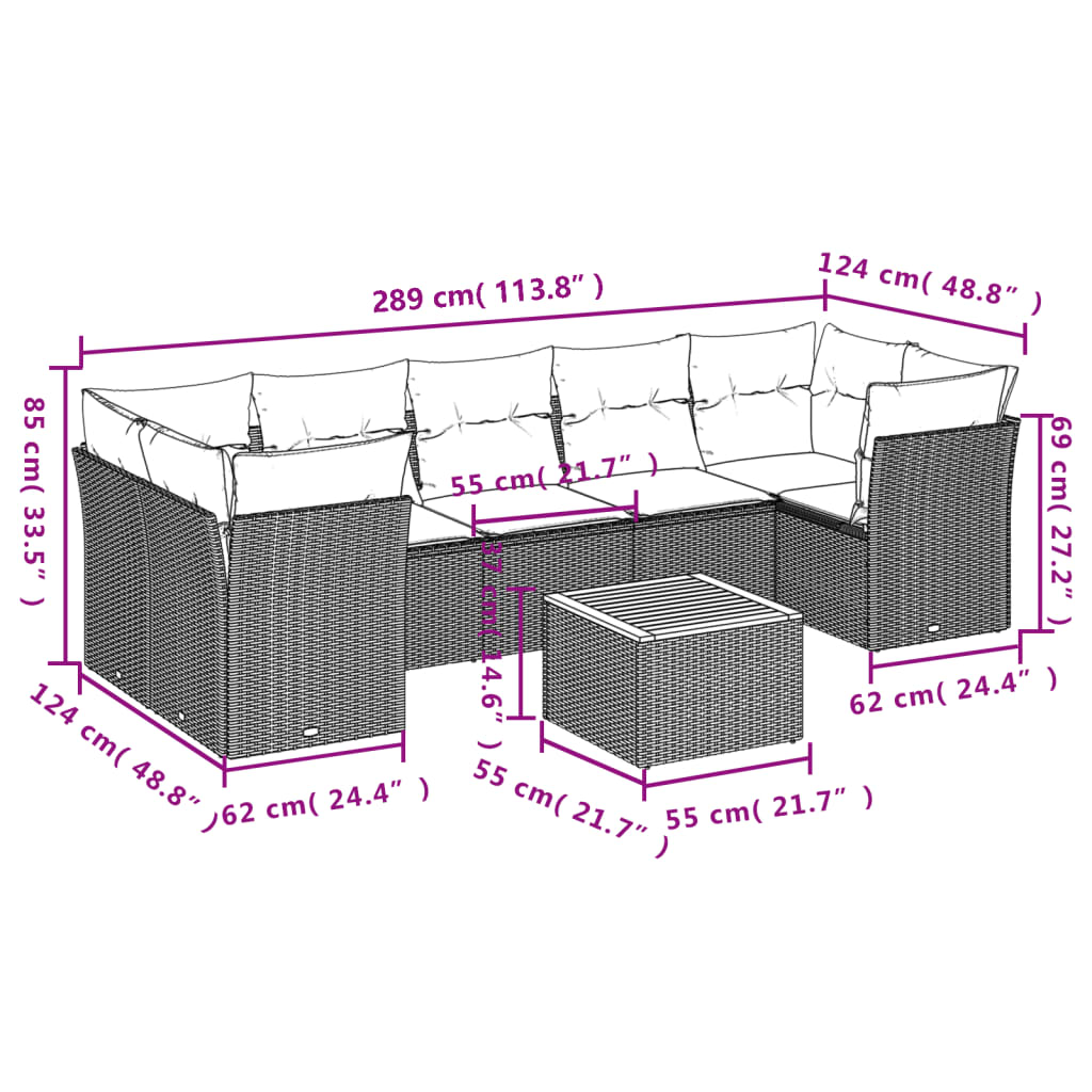 Garden Sofas Set 8 pieces and black synthetic rattan cushions