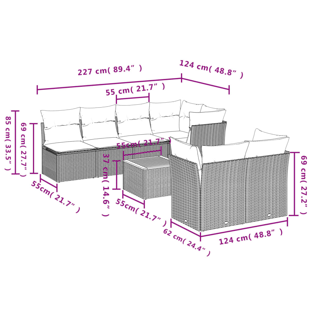 Garden Sofas Set 8 pieces and black synthetic rattan cushions