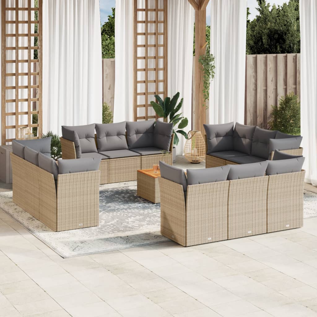 Set sofás de jardín con cojines 13 pzas ratán sintético beige