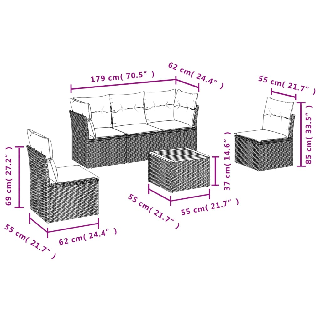 Garden Sofas Set 6 pieces and black synthetic rattan cushions