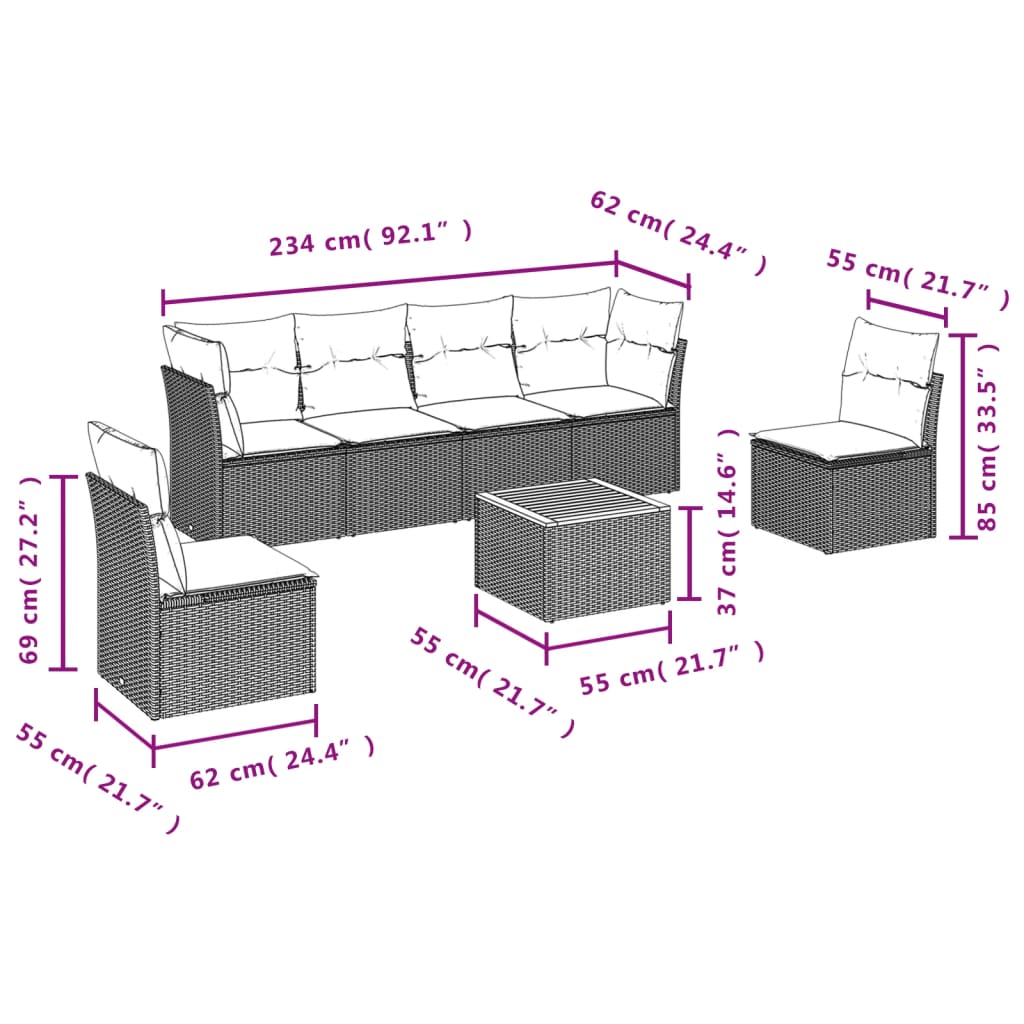 Set de comedor de jardín 7 pzas y cojines ratán sintético negro - Vetonek