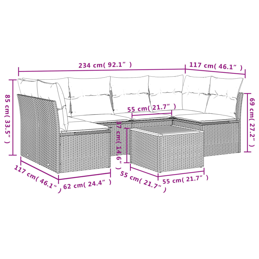 Garten -Ess -Set 7 PCs und schwarze synthetische Rattan -Kissen