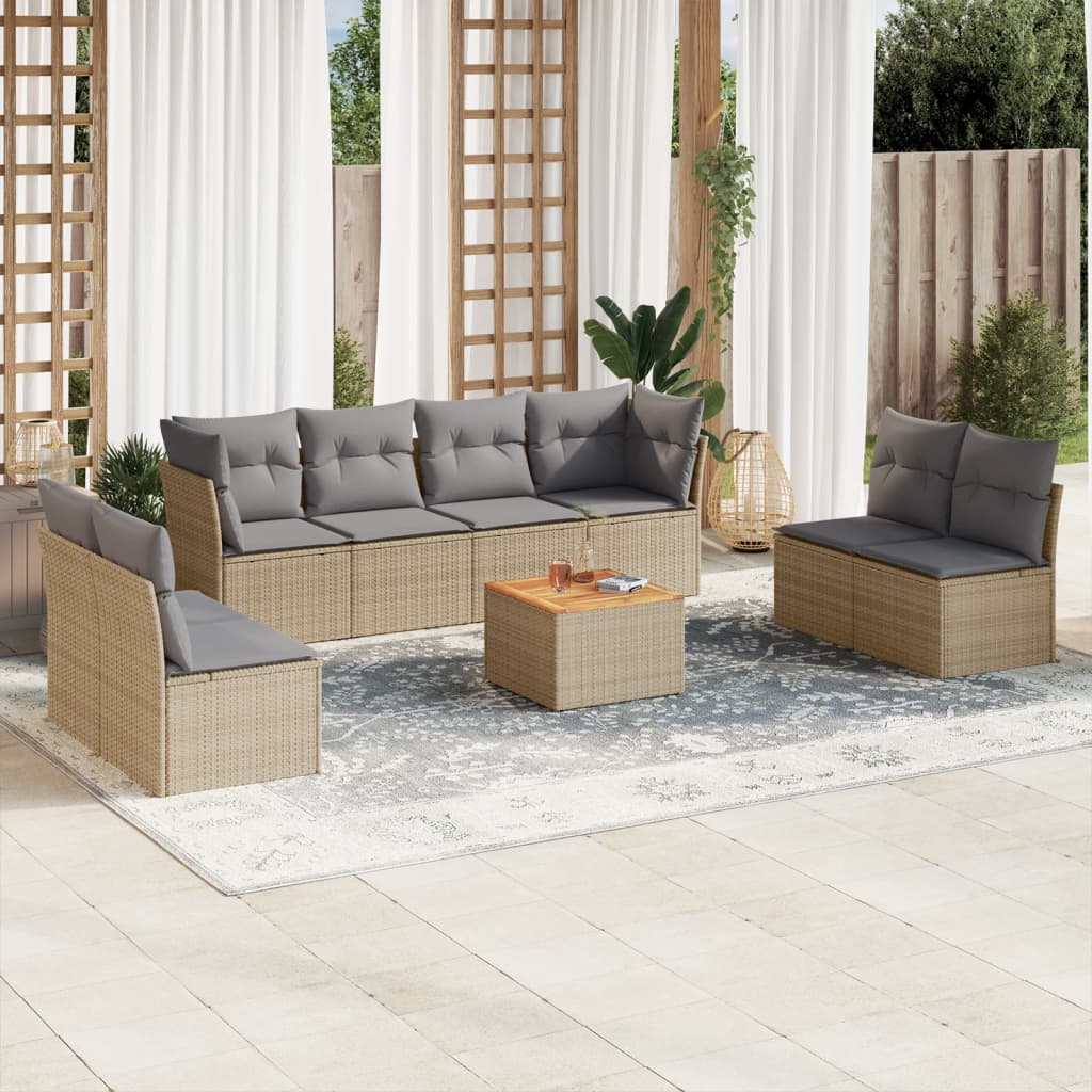 Vetonek Set de sofás de jardín 9 pzas con cojines ratán sintético beige