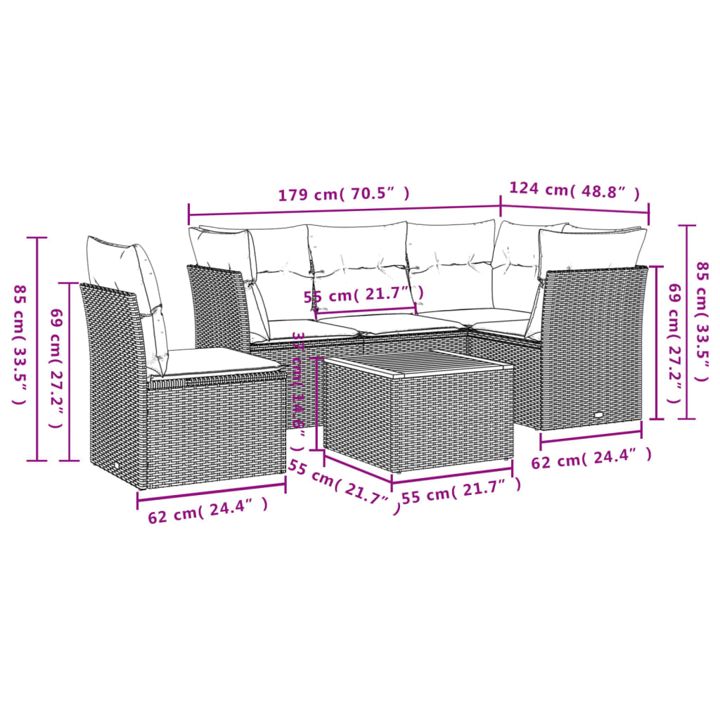 Gartensofas Set 6 Stücke und schwarze synthetische Rattankissen