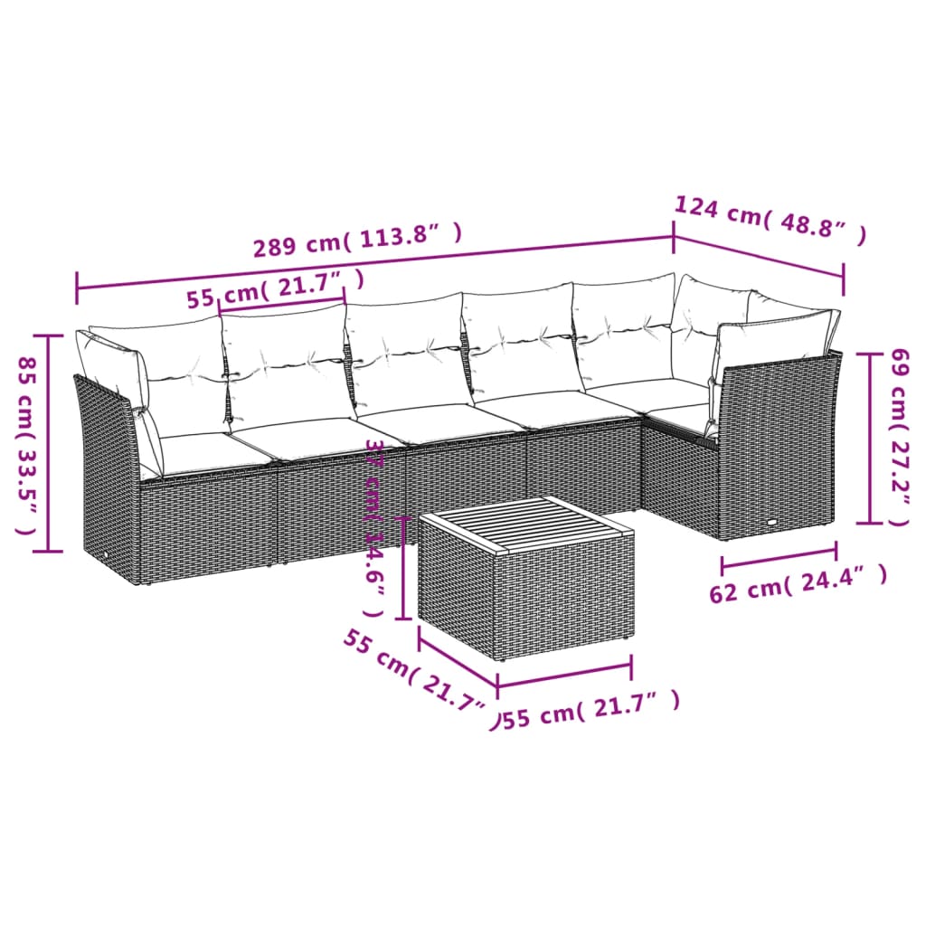 Set sofás de jardín 7 piezas y cojines ratán sintético beige - Vetonek