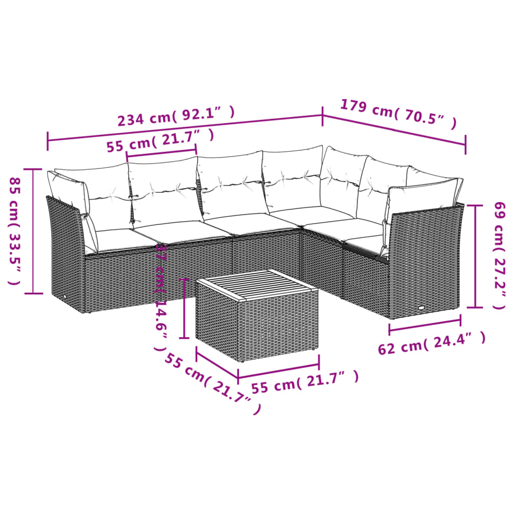 Conjunto de jantares de jardim 7 PCs e almofadas de vime sintético preto