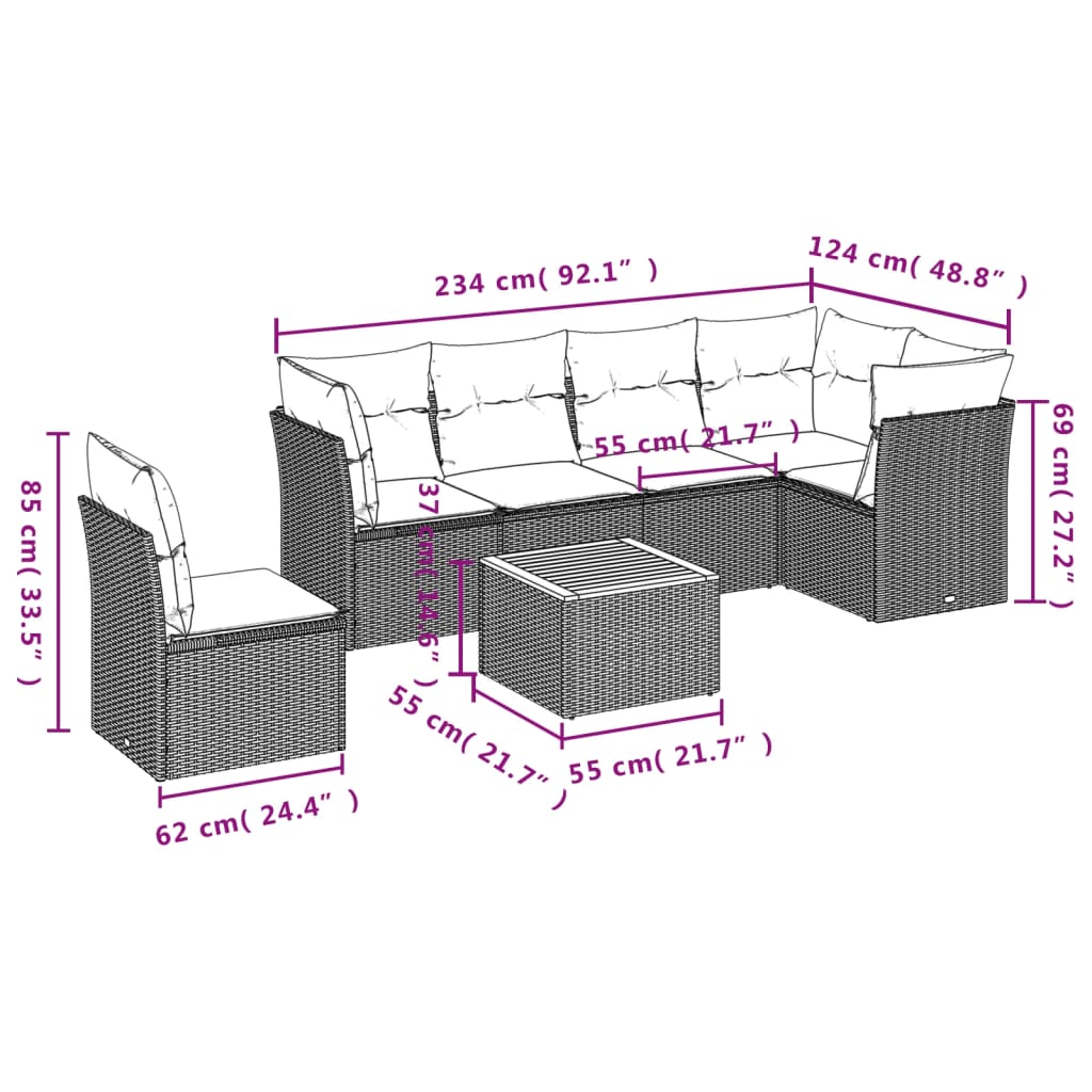 Conjunto de jantares de jardim 7 PCs e almofadas de vime sintético preto