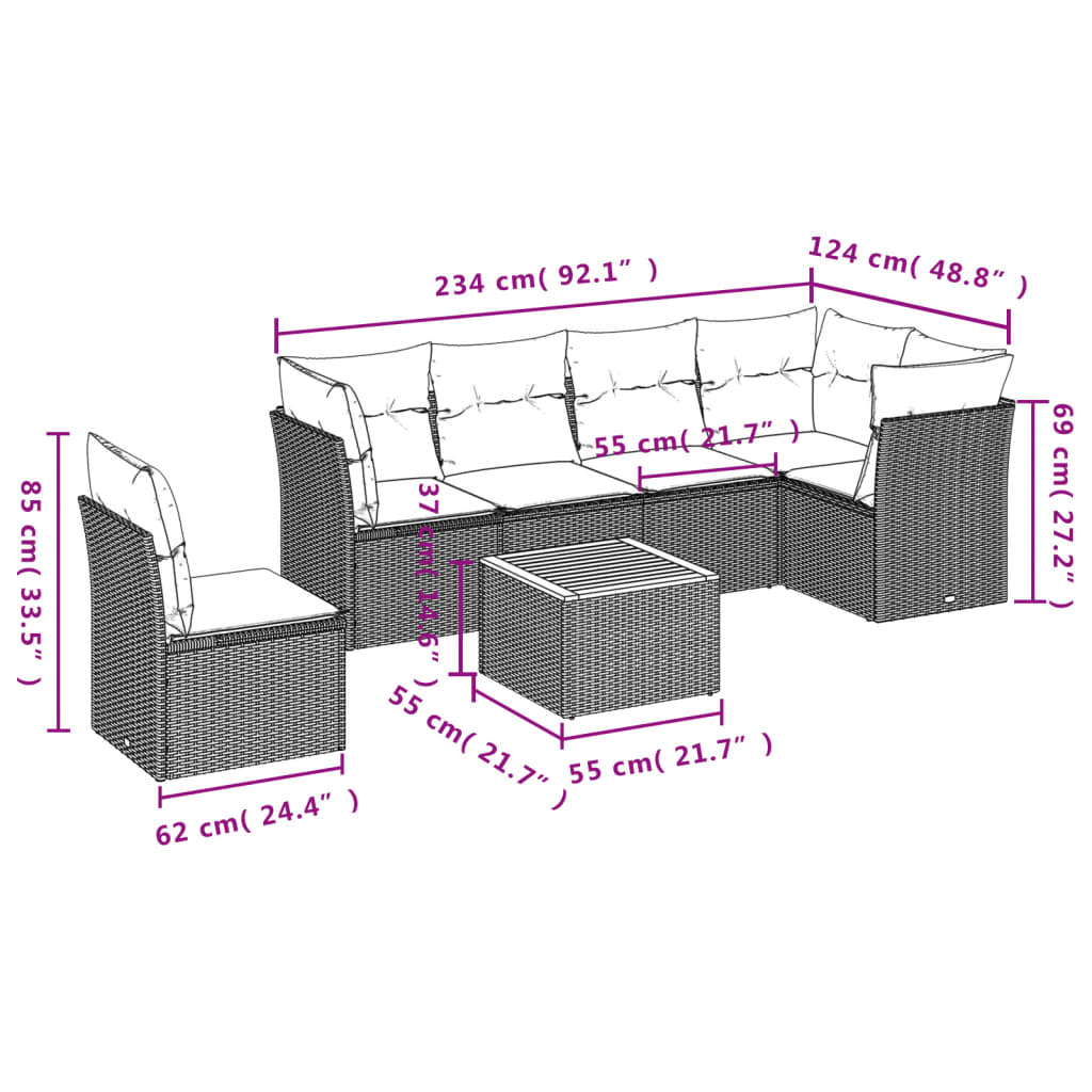 Set de comedor de jardín 7 pzas y cojines ratán sintético negro - Vetonek