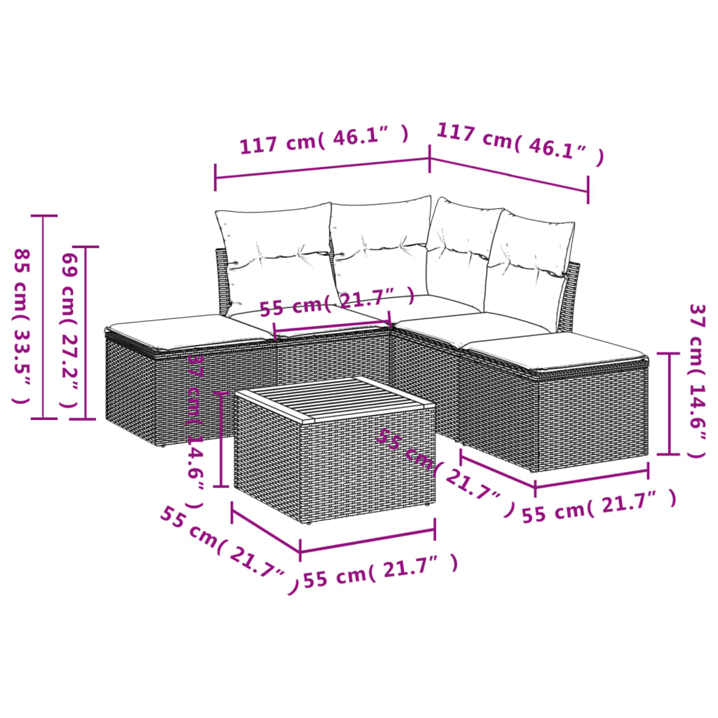 Garden Sofas Set 6 pieces and black synthetic rattan cushions