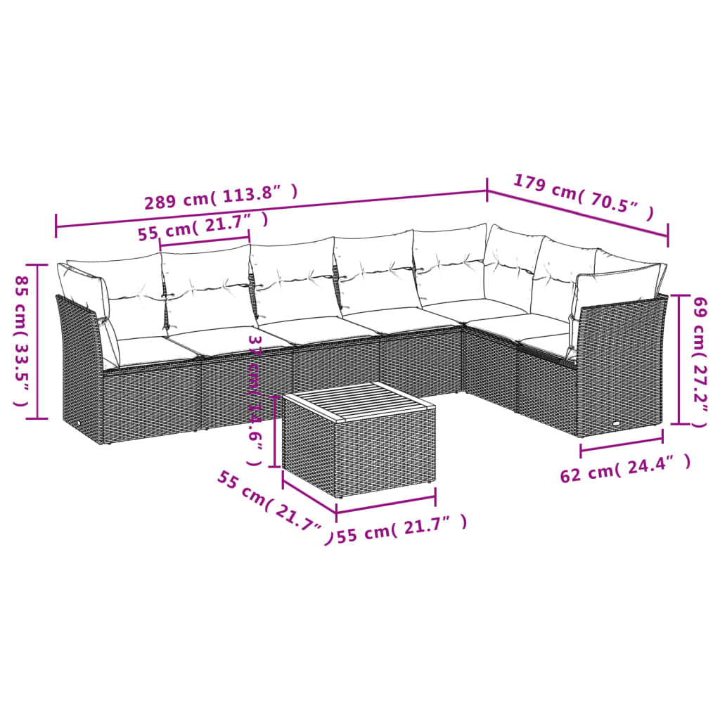 Set de sofás de jardín 8 pzas y cojines ratán sintético gris