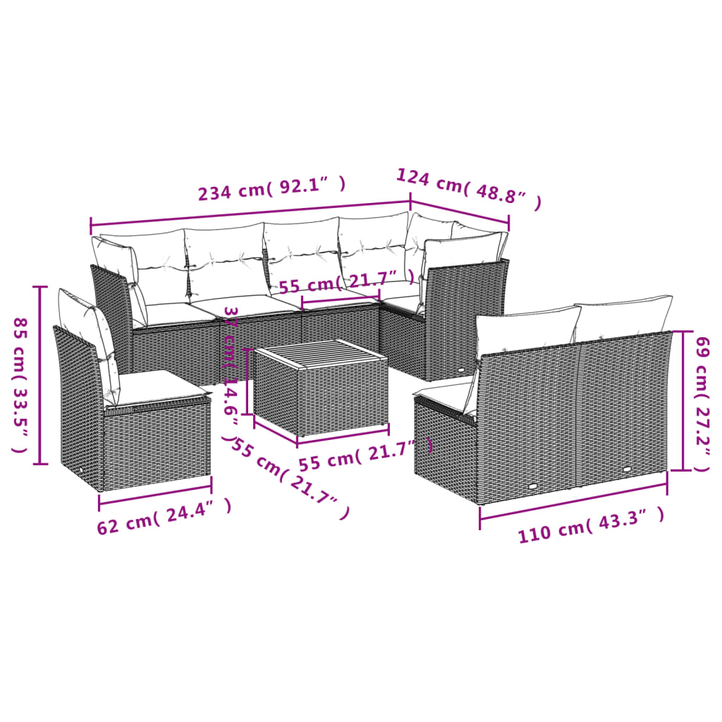 Garden Sofas Set 9 Pcs with Beige synthetic cushions