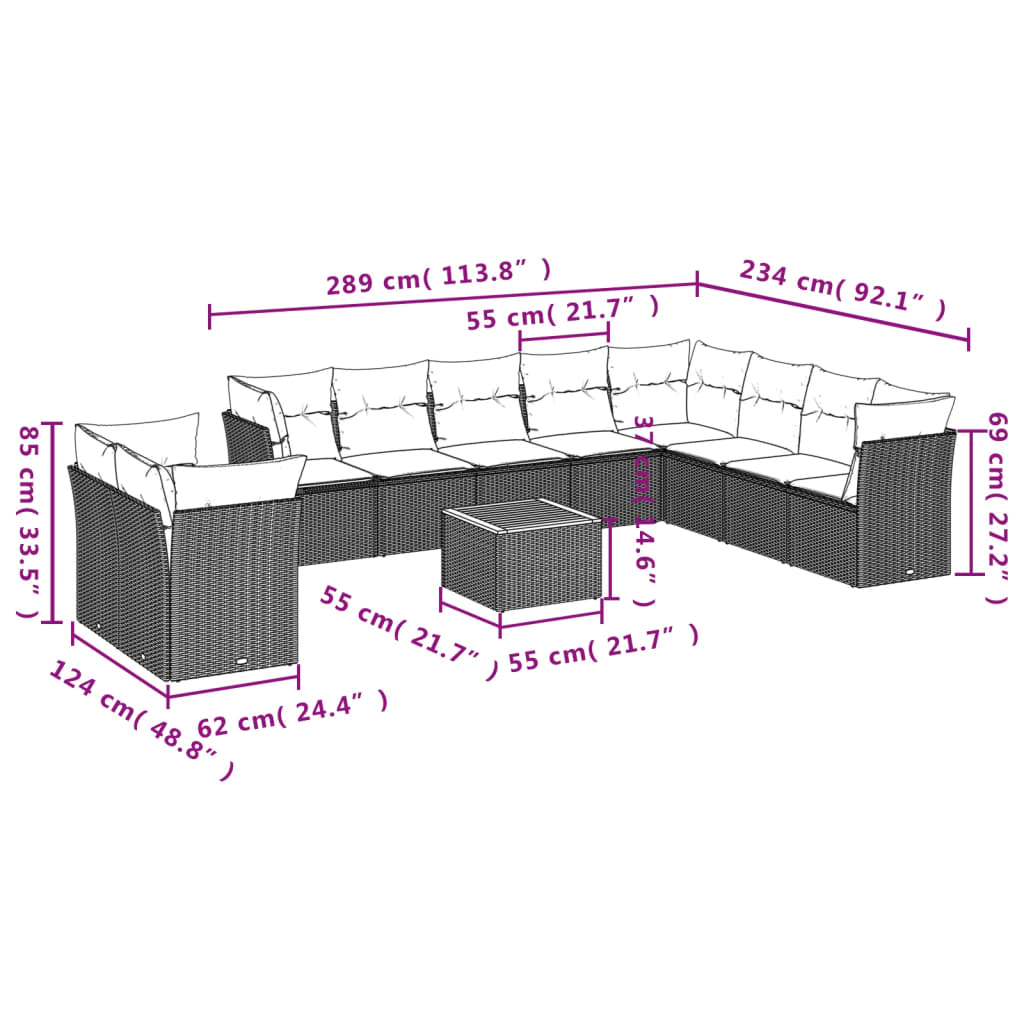 Set de sofás de jardín 11 pzas y cojines ratán sintético negro - Vetonek