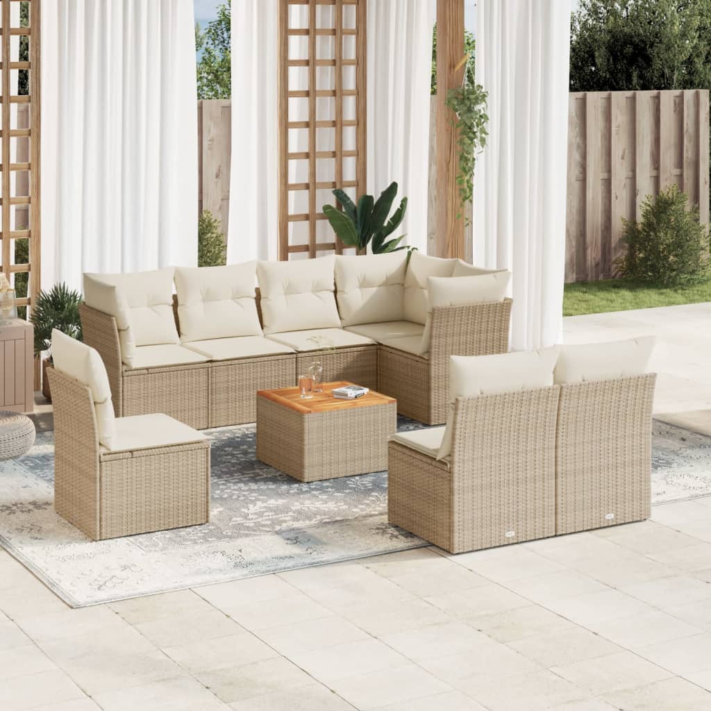 Vetonek Set de sofás de jardín 9 pzas con cojines ratán sintético beige