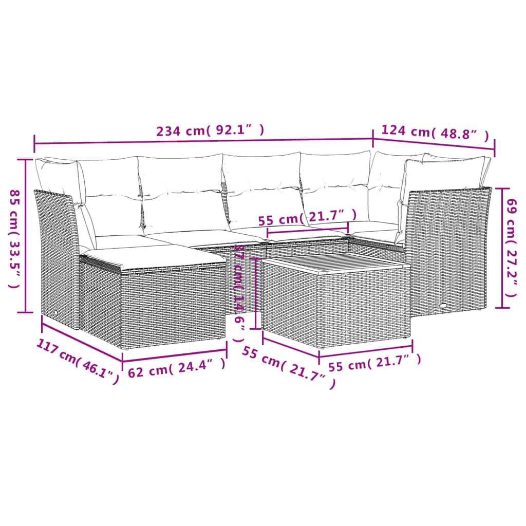 Conjunto de jantares de jardim 7 PCs e almofadas de vime sintético preto