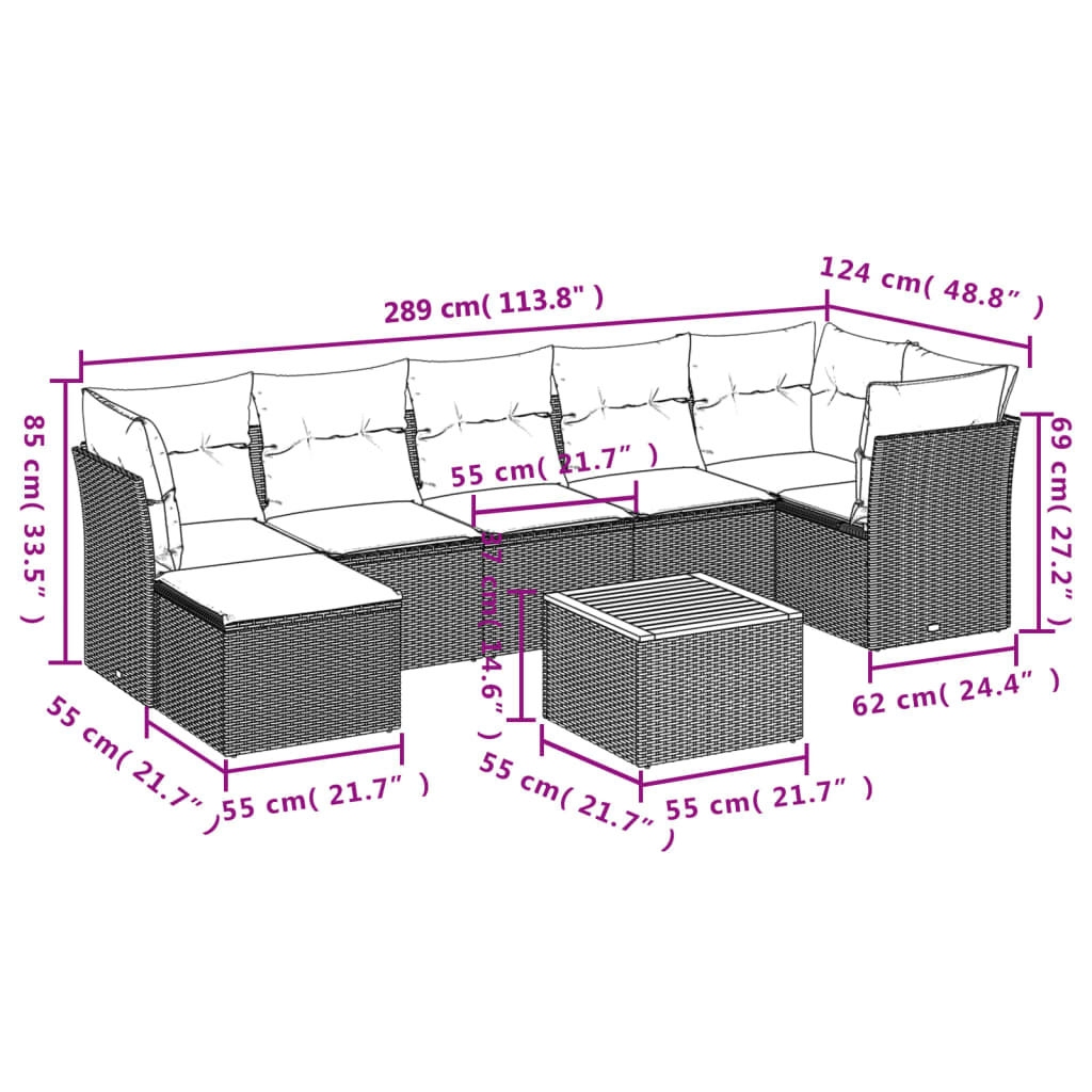 Set de sofás de jardín 8 piezas y cojines ratán sintético negro - Vetonek