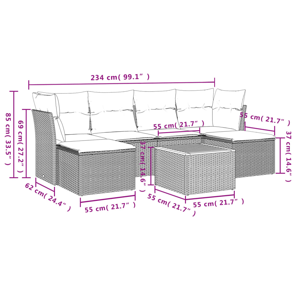 Ensemble de restauration de jardin 7 pcs et coussins de rotin synthétique noirs