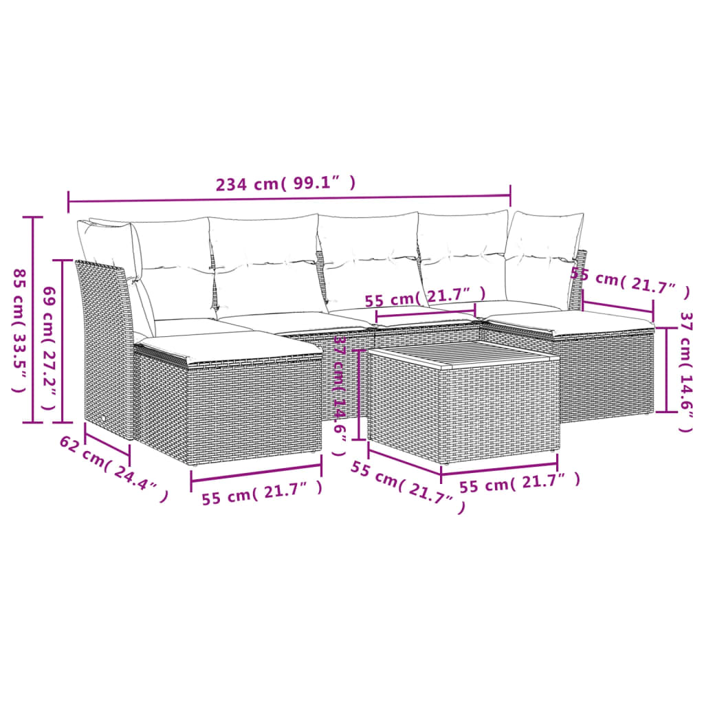 Gartensofas Set 7 Stücke mit grauen Rattankissen